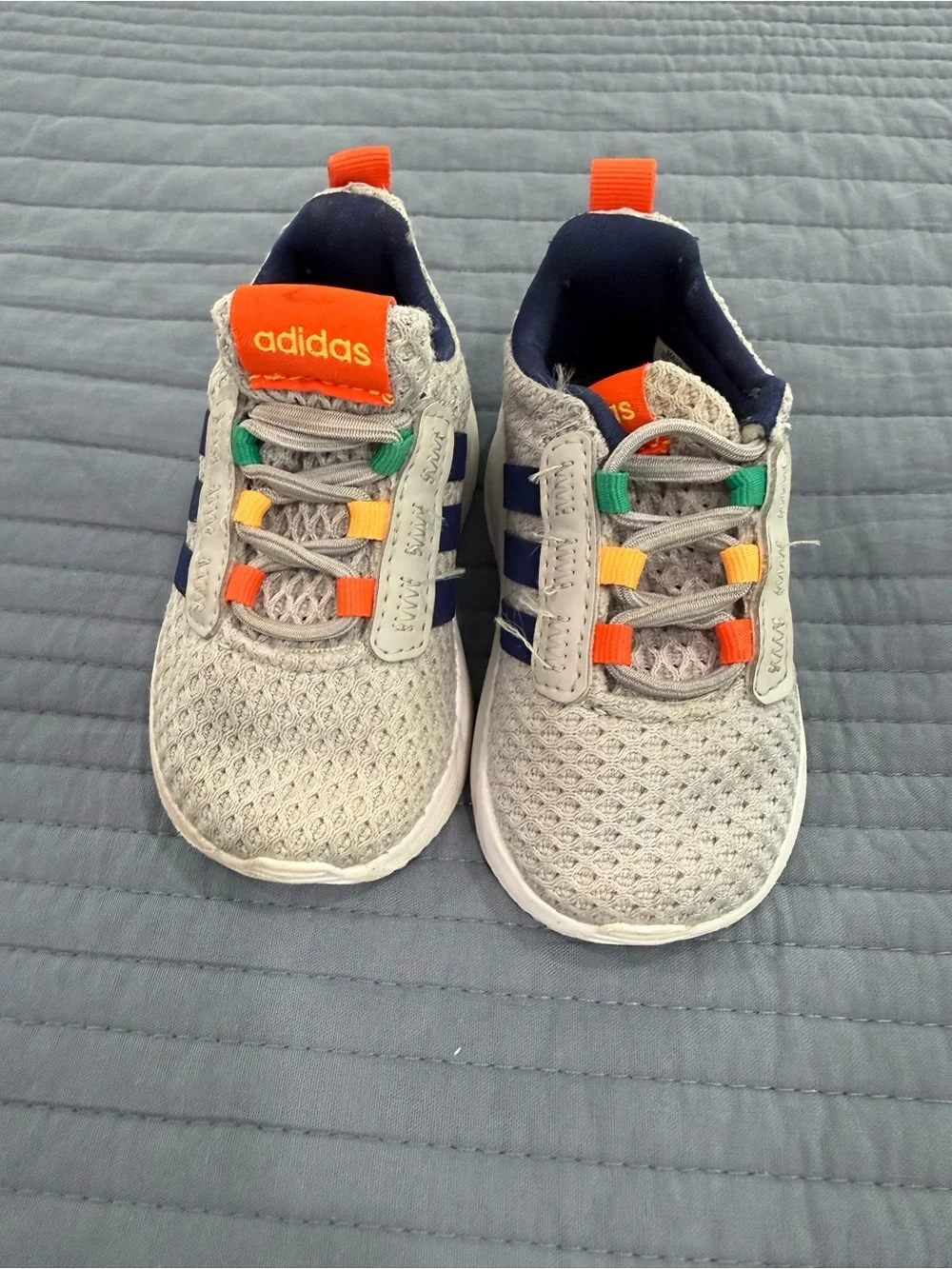 adidas Kids Light Gray Mesh Sneakers with Orange, Green & Yellow Accents